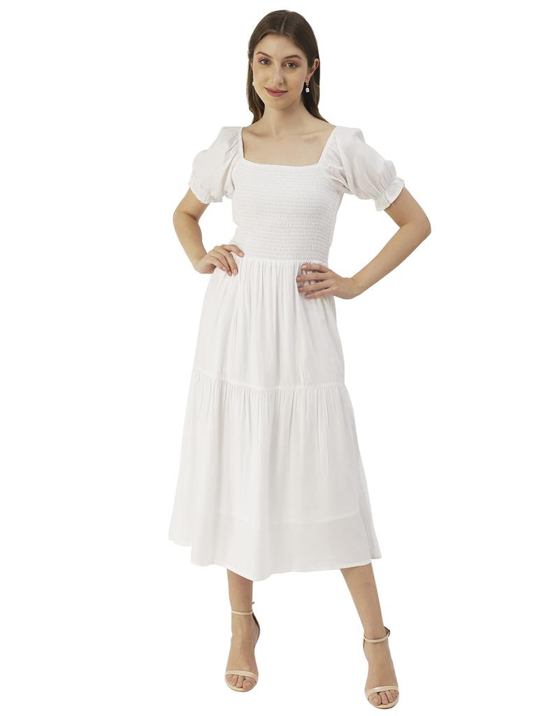 Moomaya Printed Viscose Rayon Summer Dress, Square Neck Smocked Long Dress