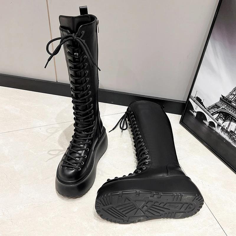 Side Zipper 8 Cm Platform Women Boots Knee High Motorcycle Boots Black Lace Up Long Boots Suede Leather Autumn Winter Shoes