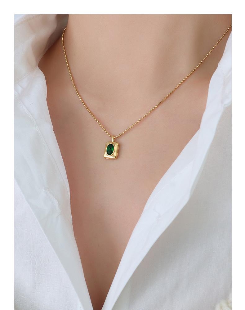 DIY Oval Zirconia Quadrilateral Pendant Necklace with Round Bead Chain In Gold-Plated Titanium Steel