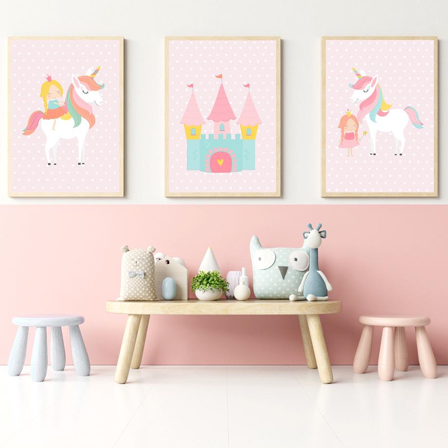 Pink Princess Castle Unicorn Rainbow Heart Wall Art Canvas Painting Posters And Prints Wall Pictures Baby Girl Kids Room Decor