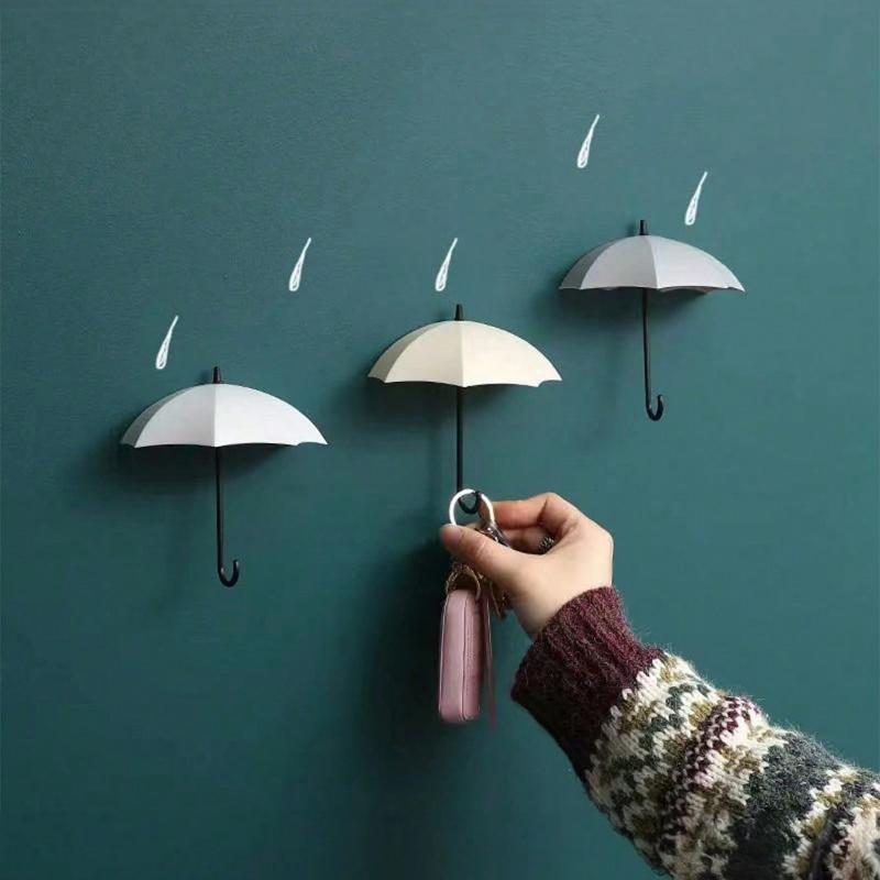 3pcs Cute Small Umbrella Adhesive Hooks, Nail-Free Door Back Keychains, Kitchen And Bathroom Decoration Trace Adhesive Hooks, Umbrella Hooks