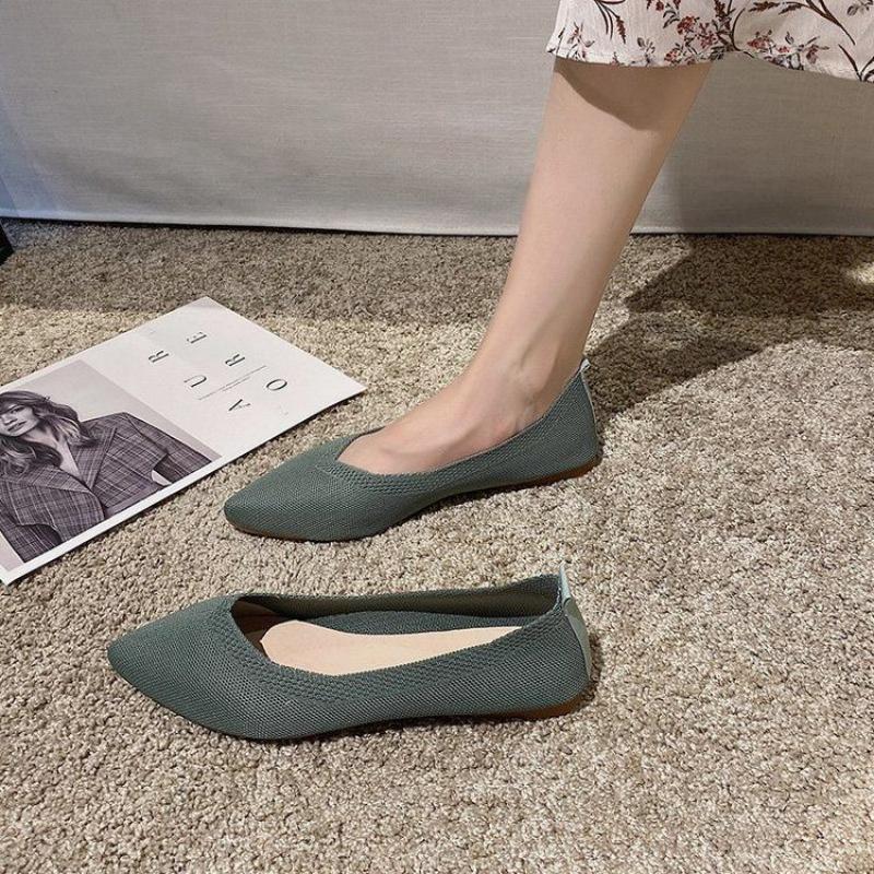 Жіноче взуття Весняно-літнє в'язане односпальне взуття з гострим низом, дихаюче взуття з квасолею, м'яке взуття з неглибоким ротом