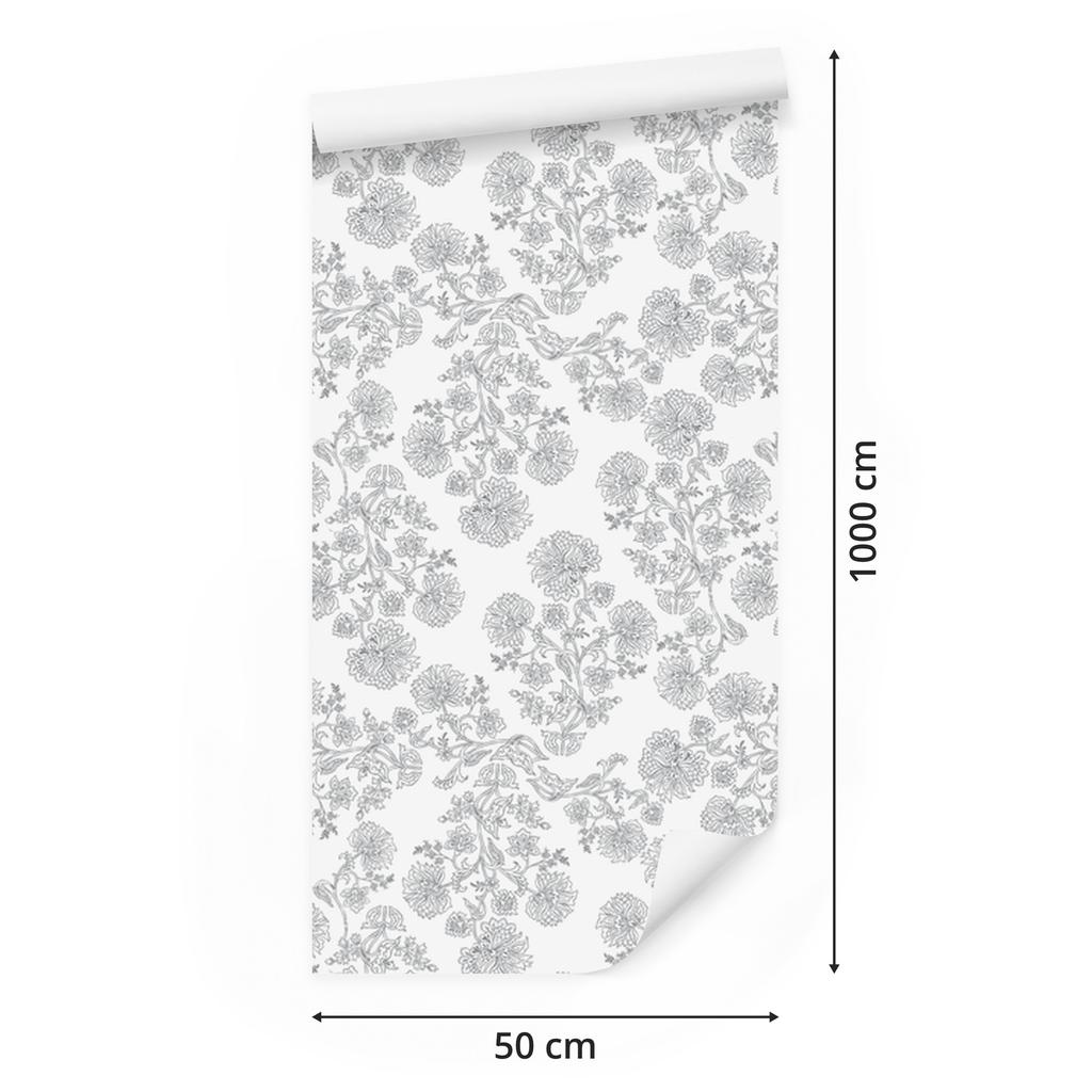 Wallpaper Flowers Light Gray and White, Light Gray Background 50x1000