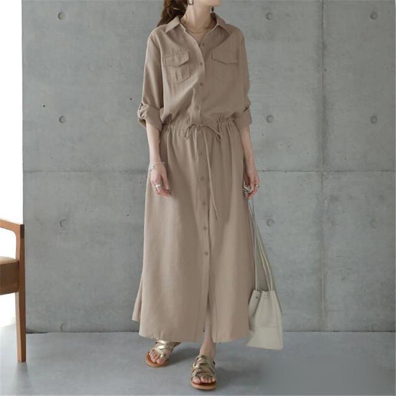 Women's Spring/Autumn Turn-Down Collar Maxi Shirt Dress - Long Sleeve, Solid Color, Casual