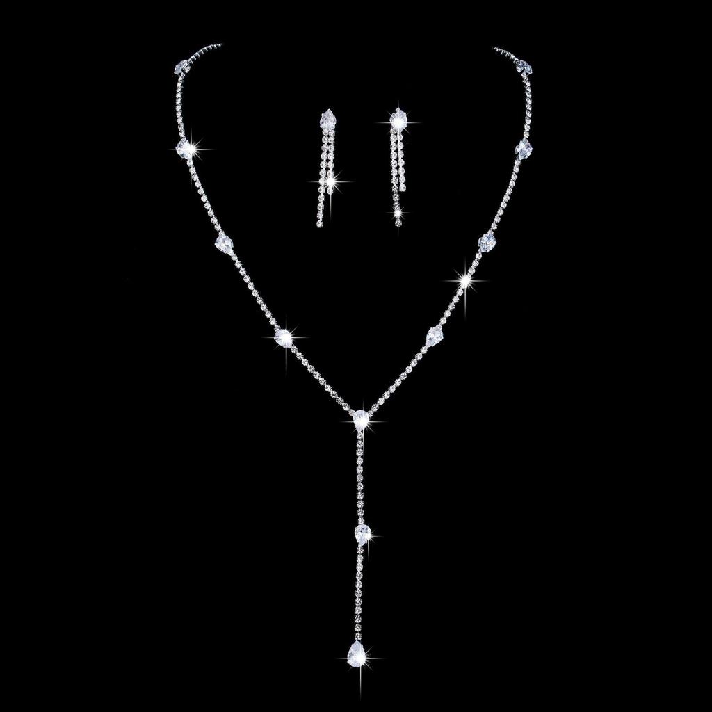 European & American Sparkling Water Drop Zircon Necklace Set – Fashionable Full Diamond Clavicle Chain