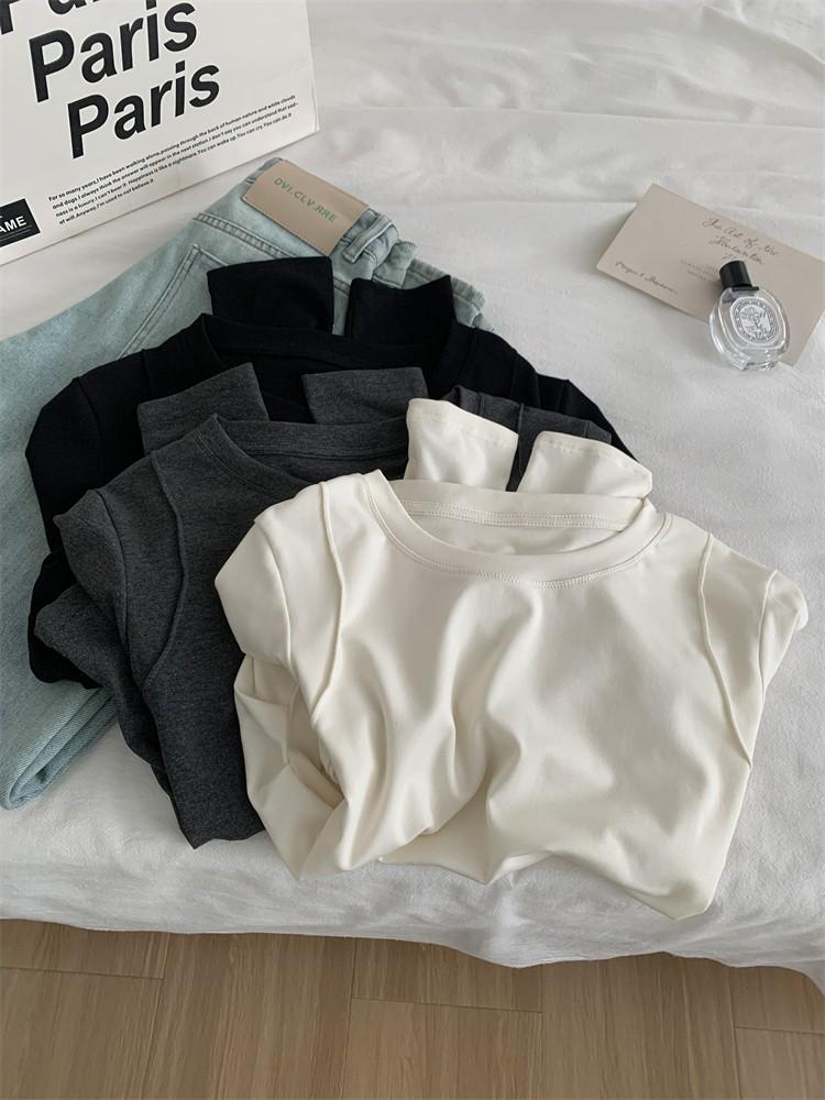Women's Korean Style Long-Sleeve Ruched Waist Top - Round Neck, Autumn Base Layer Shirt