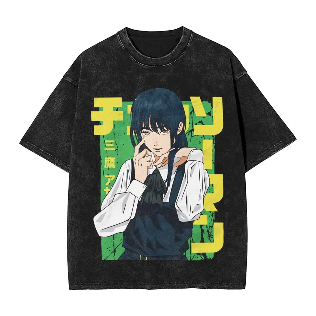 Anime Chainsaw Man Yoru T Shirt Hip Hop Gothic Washed Oversized T-Shirt Men Women Clothing Short Sleeve Cotton Tees Tops