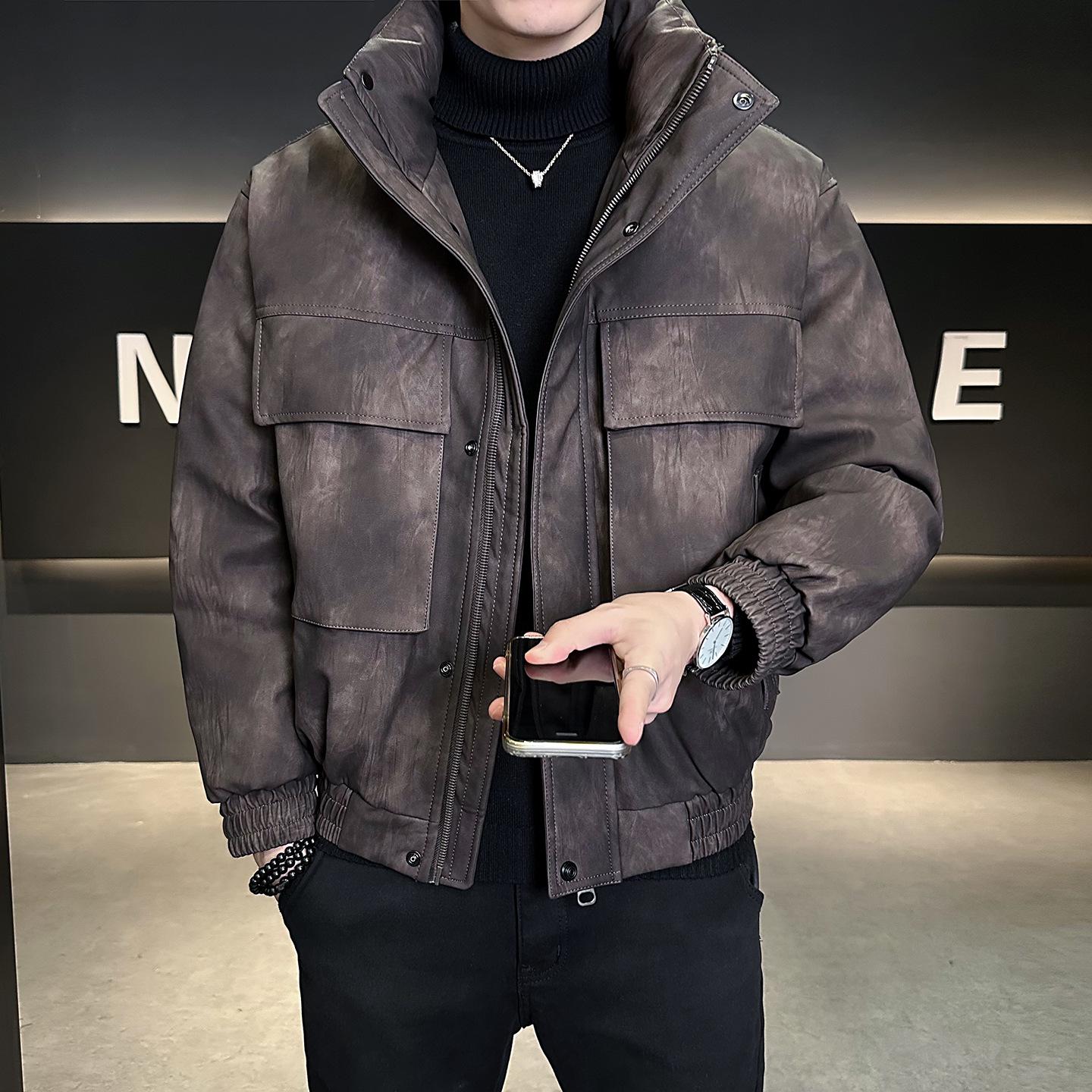 

Men s Trendy Winter Leather Down Jacket with Stand Collar – Short, Lightweight, and Thickened XL кавовий