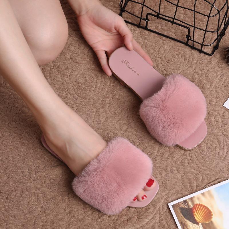 Women's Faux Fur Slides Fashion Flat Open-toe Slippers