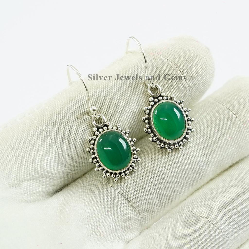 Handmade Green Onyx Earrings: Dainty 925 Sterling Silver Dangle