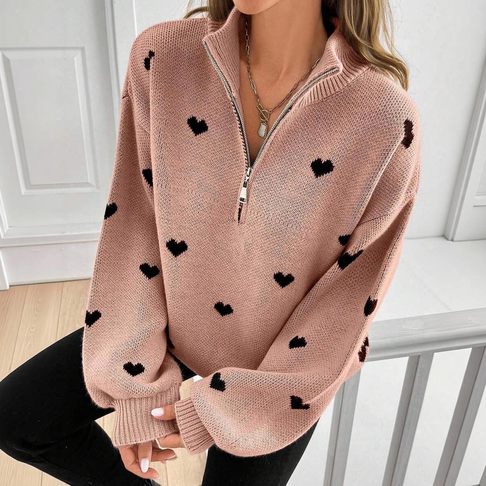 Women s Knit Long Sleeve Zip-Up Sweater with Heart Pattern for Casual Wear M
