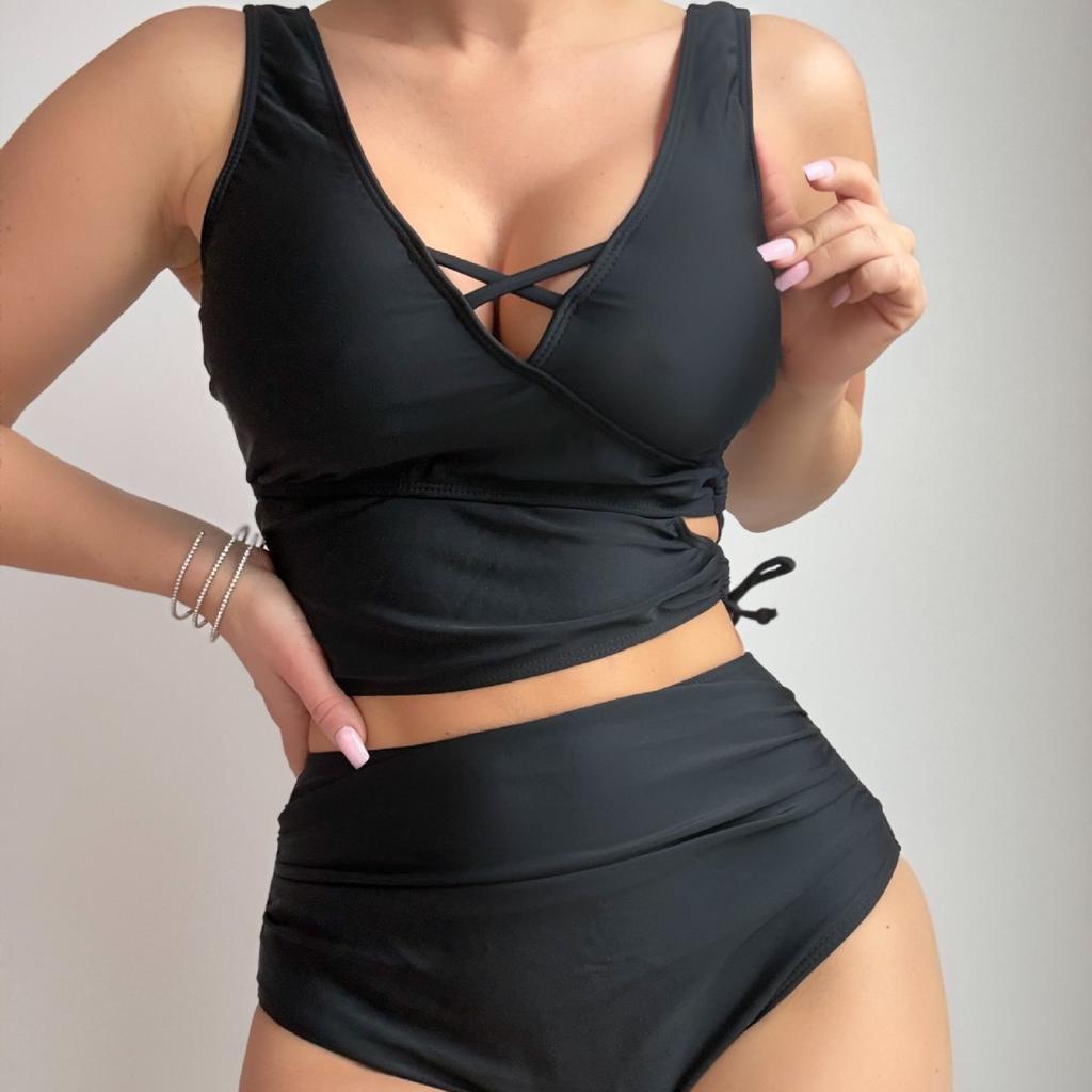 Maillot de bain pour femme Sexy Noir Creux Croisé Maillot de bain Ensemble Bikini Taille Haute Vêtements de Plage Maillots de Bain