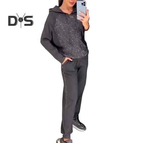 

2 шт./комплект женский костюм с капюшоном и брюками, декорированный стразами, с длинными рукавами, пэчворк, спортивная толстовка с эластичной талией, брюки, фитнес-костюм, осенне-весенний спортивный костюм XXL темно-серого