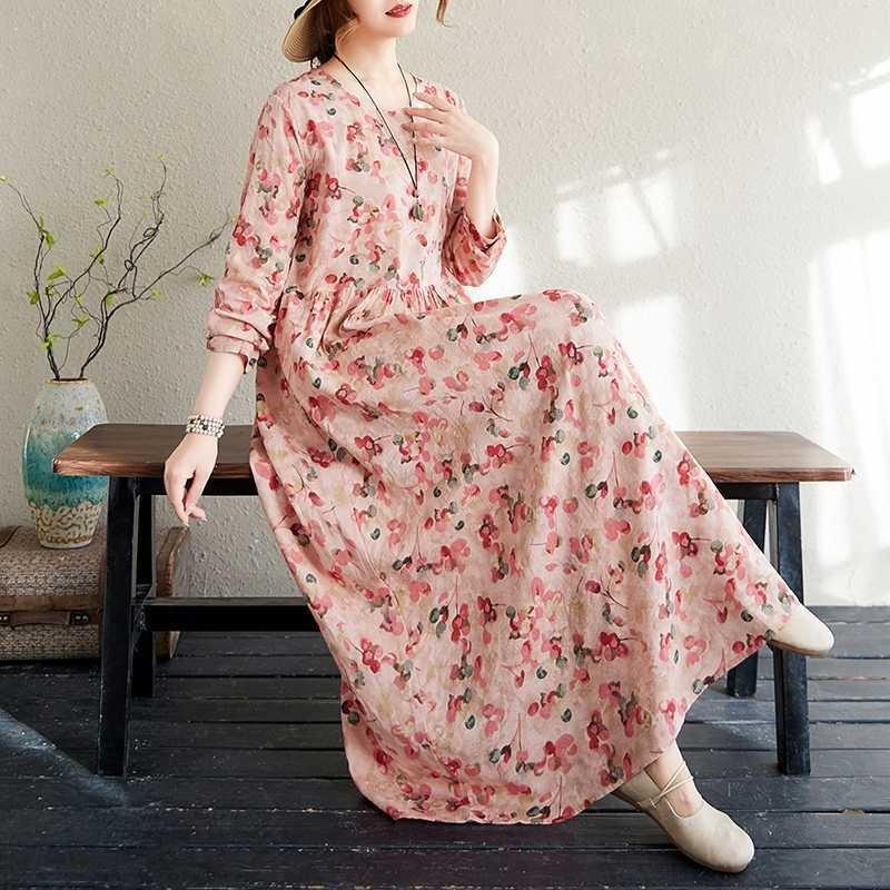 Vacation Style Travel Round Neck Vintage Long Flesh Covering Dresses