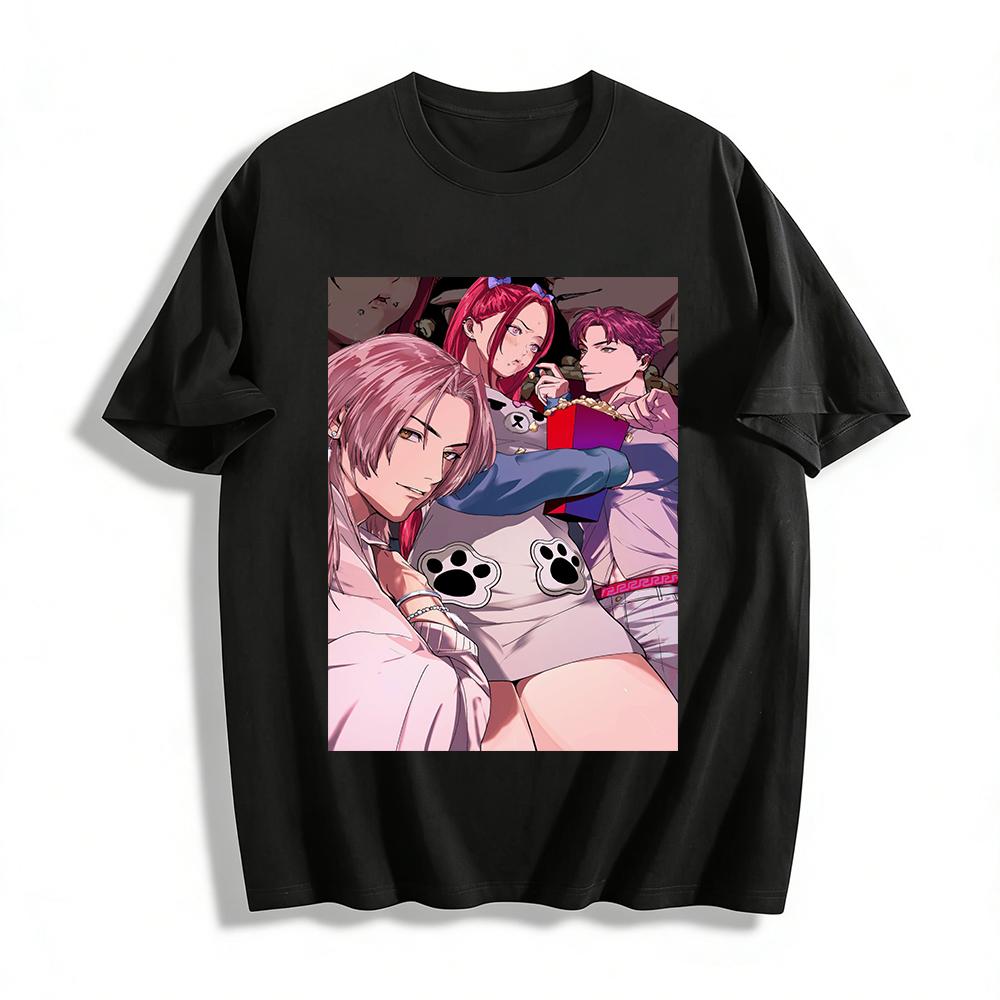 

Trendy Anime Style Pink Character Print T-shirt Unisex Casual Loose Fit Daily Wear Top Pure cotton T-shirt XXS