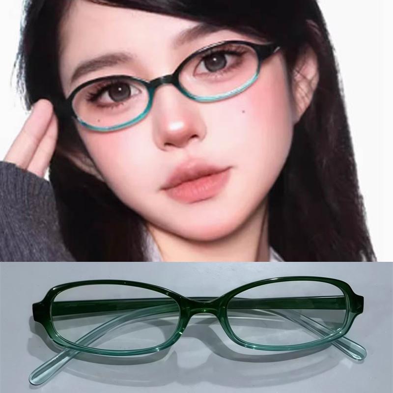 Girls Y2K Red Green Frame Glass Retro Oval Sqaure Glasses Eyewear Decorative Computer Anti-blue Eyeglasses with Seaside Driving