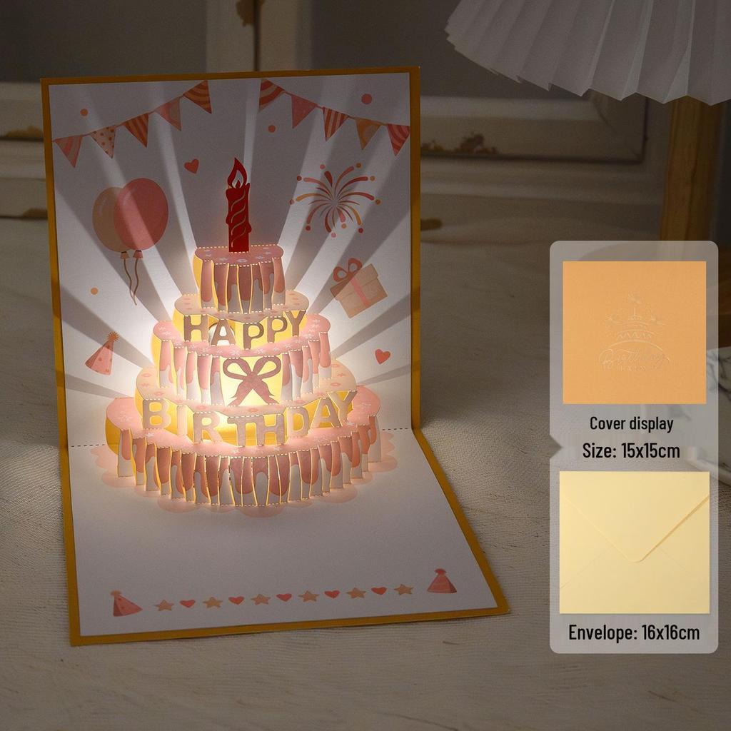 3D Pop-Up Birthday Sound Card with Recording Light - Cake Design for Boyfriend/Girlfriend Gift