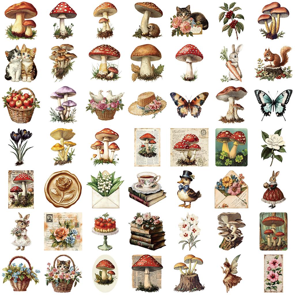 50 Transparent Ins Retro Mushroom Sticker Pack Waterproof Transparent PET Manual Material Decorative Guitar Notebook