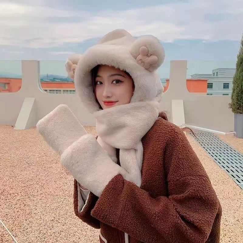 Hat Women's Winter Three-piece Set Thickened Scarf Gloves One-piece Hat Student Warm Cute Scarf Plush One-piece Hat