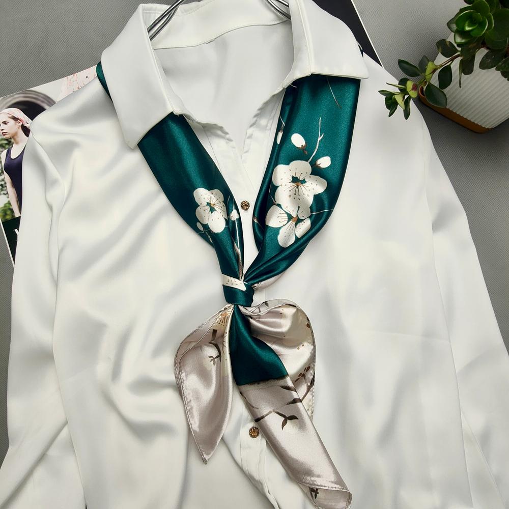 Grey Green Silk Scarf Headscarf For Women Spring Fall Elegant Cherry Blossom Big Square Scarves Wraps 90*90cm Neck Scarf Shawl