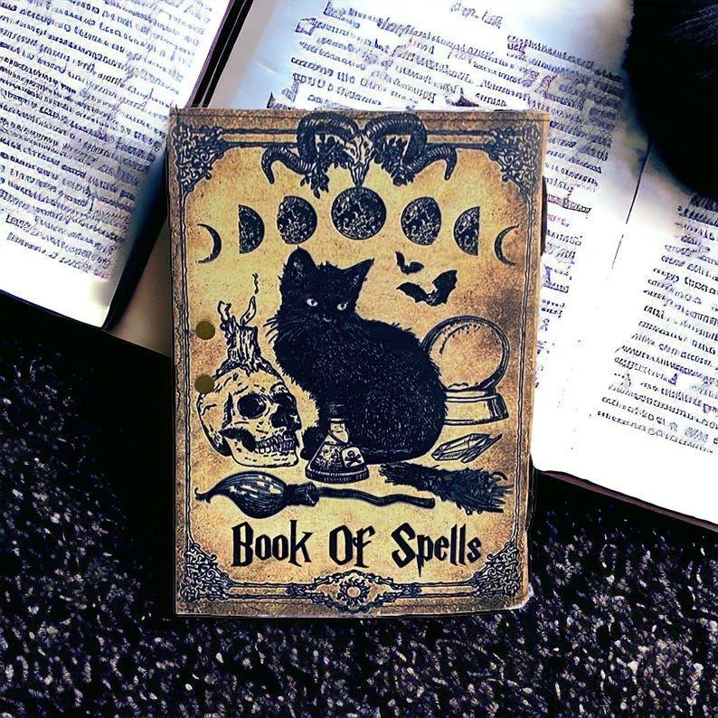 Book of Shadows Grimoire Journal Magic Cat Printed Witchcraft Supplies Witch Wiccan Notebook Handmade Deckle Paper Great Gifts