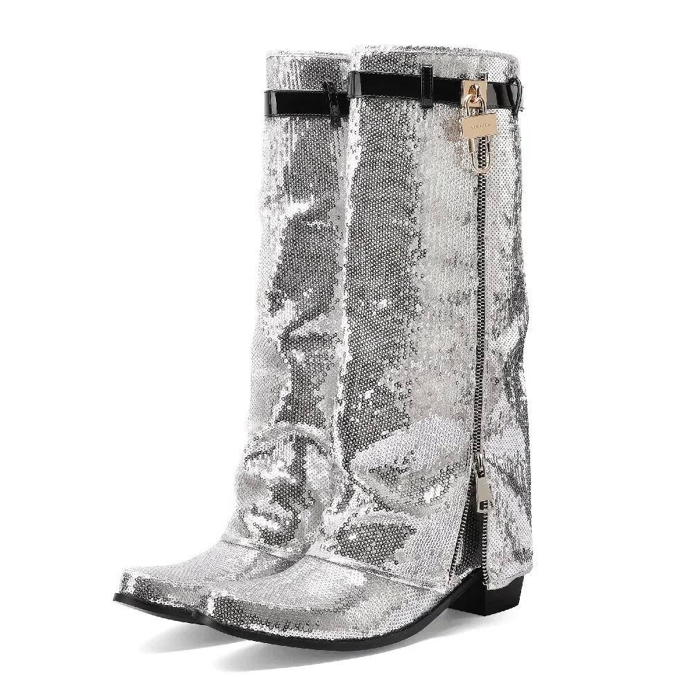 

Блестящие ботфорты из ткани с пайетками до колена с отворотом, женские, на блочном каблуке, розово-золотые, для вечеринки, с круглым носком, ремешком с замком, молнией, блестящие, для длинной юбки 34 серебряный