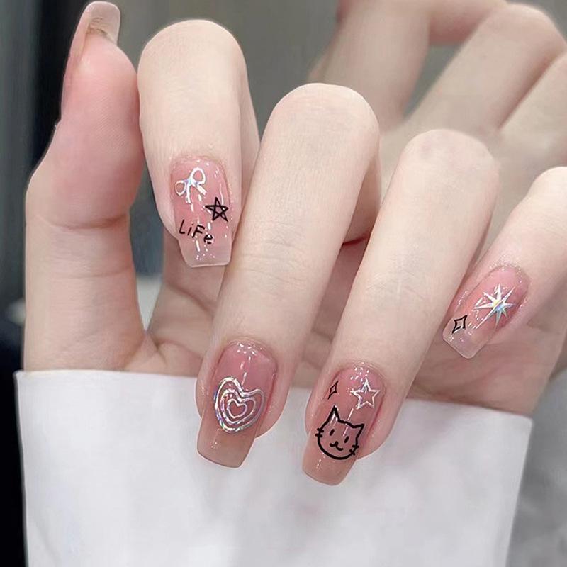 Medium & Long Rectangular T-Shaped Wearable French Cartoon Nail Art Patches - One Size Fake Nails