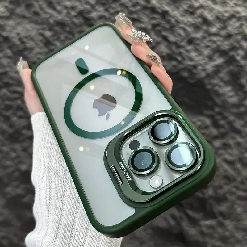 Magnetic Shockproof Phone Case For iPhone 16 16e 15 14 13 12 11 Pro Max For Magsafe Stand Glass Lens Protector Back Cover Funda