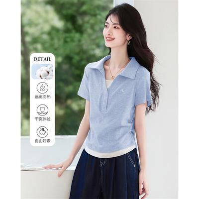 Damen T-Shirt mit mehrlagigem Polokragen und kurzen Ärmeln