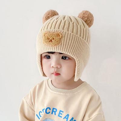Niedliche Bären Strick Ohrenwärmer Mütze für Kinder Winter Dick Warm Wollmütze für Säuglinge und Kleinkinder