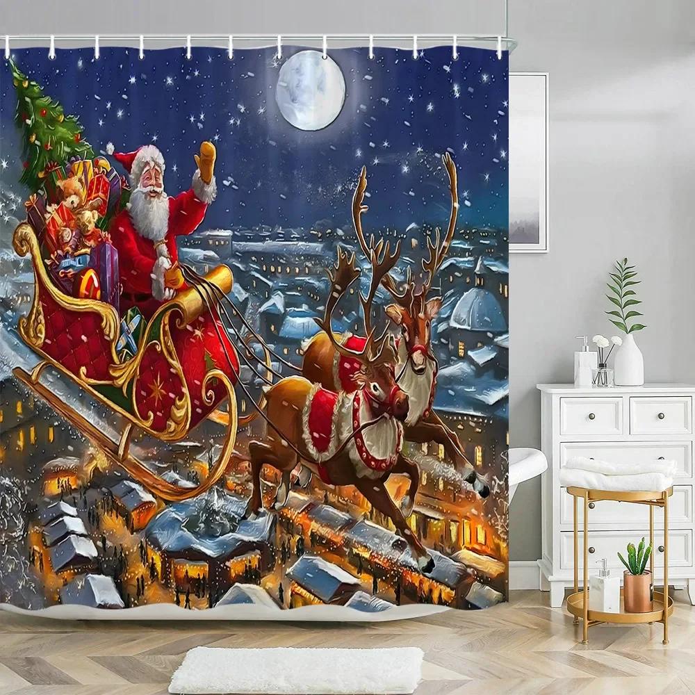 Xmas Decorative Shower Curtains Fireplace Christmas Tree Winter New Year Gift Bathroom Decor Fabric Bath Curtian Hanging