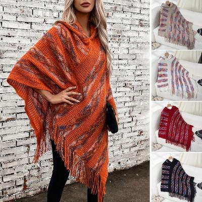 Women Pullover Sweater Hooded Batwing Half Sleeve Tassel Knitting Cape Colorful Striped Asymmetric