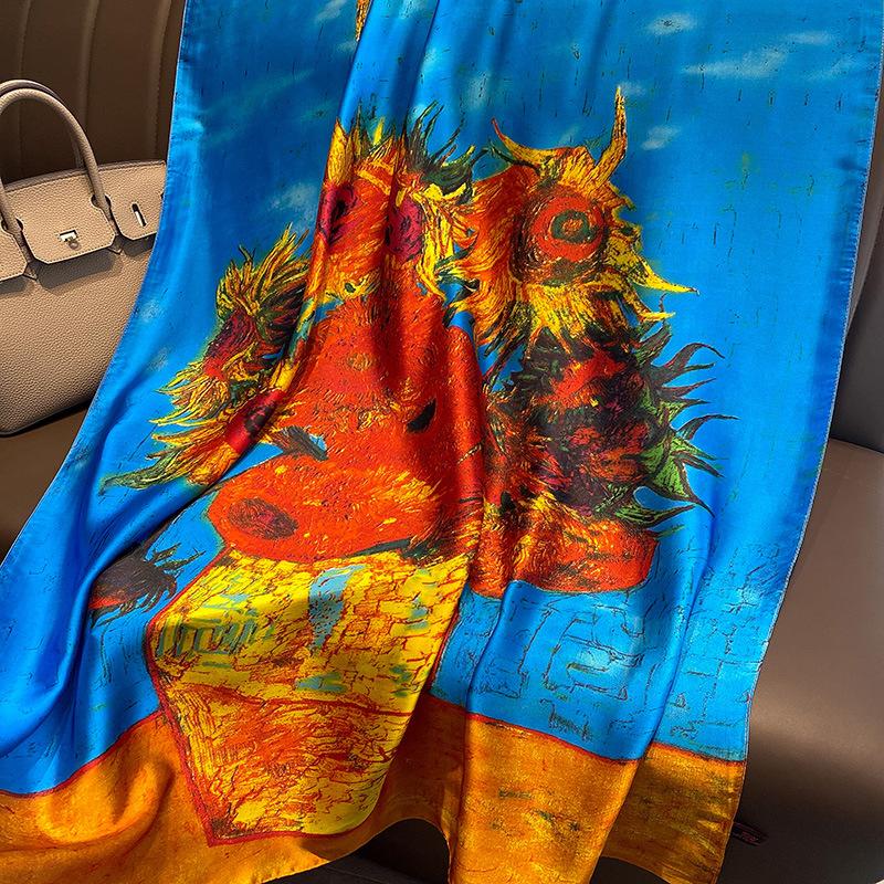 Van Gogh Oil Painting Silk Scarf Women Luxury Brand Sunflower Print Shawl Femme Summer Beach Sunscreen Wraps Long Hijab Foulard