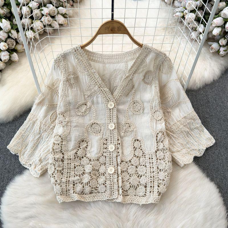 

Western Style V-neck Easiest for Match Cardigan Short Sleeve Tops Crochet Apricot All yards