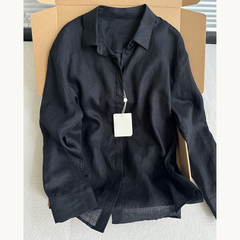 Women Linen Shirt Casual Loose Long Sleeve Thin Summer Top Pure Color Turn Down Collar French Style Sunscreen Clothing