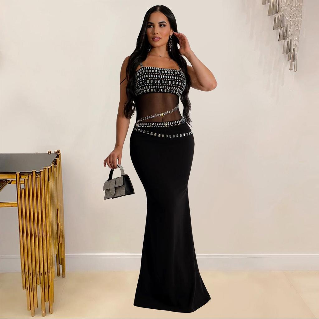C6989 European & American Fashion Women's Rhinestone Mesh Long Dress
