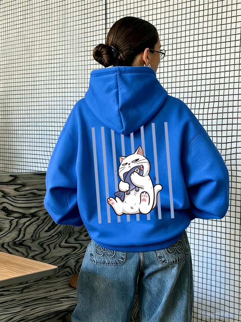 Women's hooded sweatshirt, featuring cat and fish patterns, with a casual style, suitable for running, Y2K trend