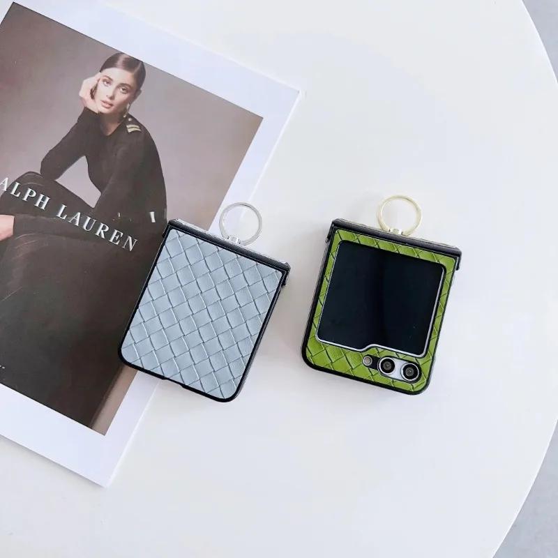 Ring Holder Woven Leather Fall Prevention Phone Case for Samsung Galaxy Z Flip 7 6 5 4 Flip6 Flip5 Flip4 Flip3 Shockproof Cover