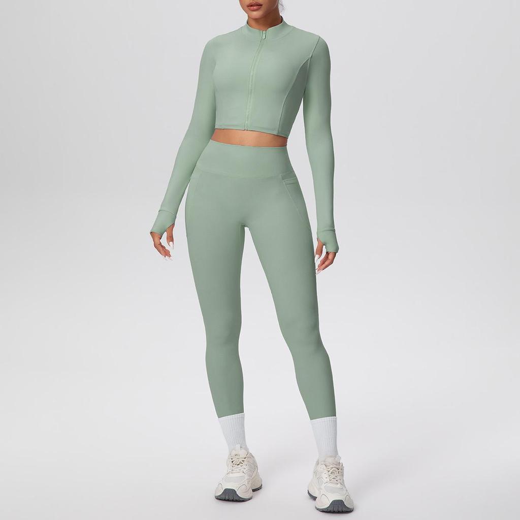 Zipper Crop Top Jacket & High-Waist Butt-Lifting Pocketed Pants Sports Set - Perfect for Yoga, Running, & Casual Fitness.