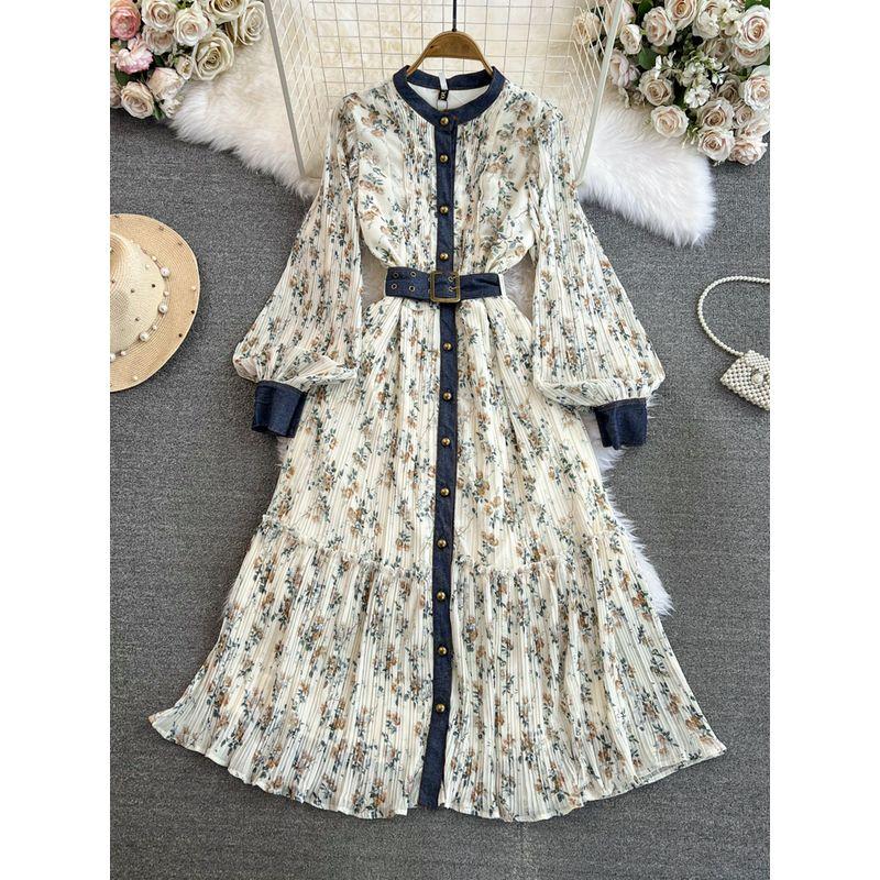 

Socialite Denim Patchwork round Neck Waist Trimming Floral Dress Apricot 2XL