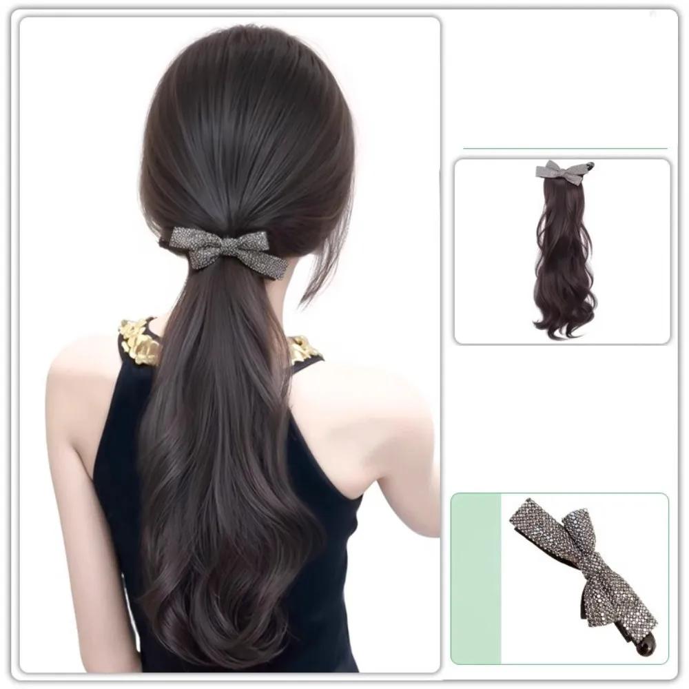 

Natural Rhinestone Bowknot Curly Synthetic Ponytail Clip-on Wig Elegant Extension Hair Accessory