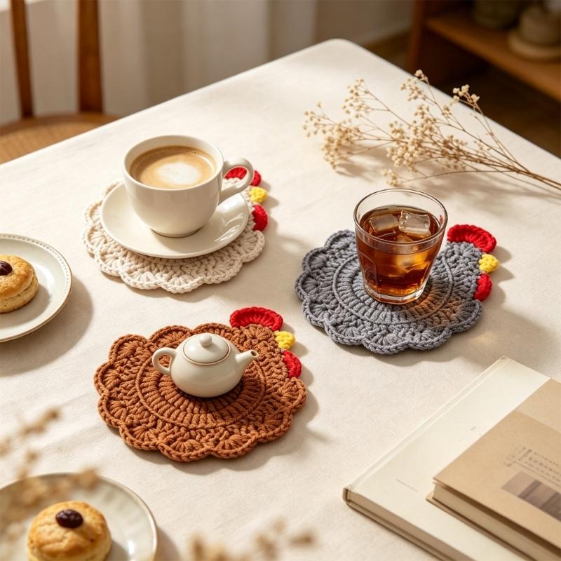 3 handgehäkelte Hühner-Untersetzer mit detaillierter Fasertextur, weiche Getränkematten für Tee, Kaffee und kalte Becher mit fröhlicher Tischdekoration