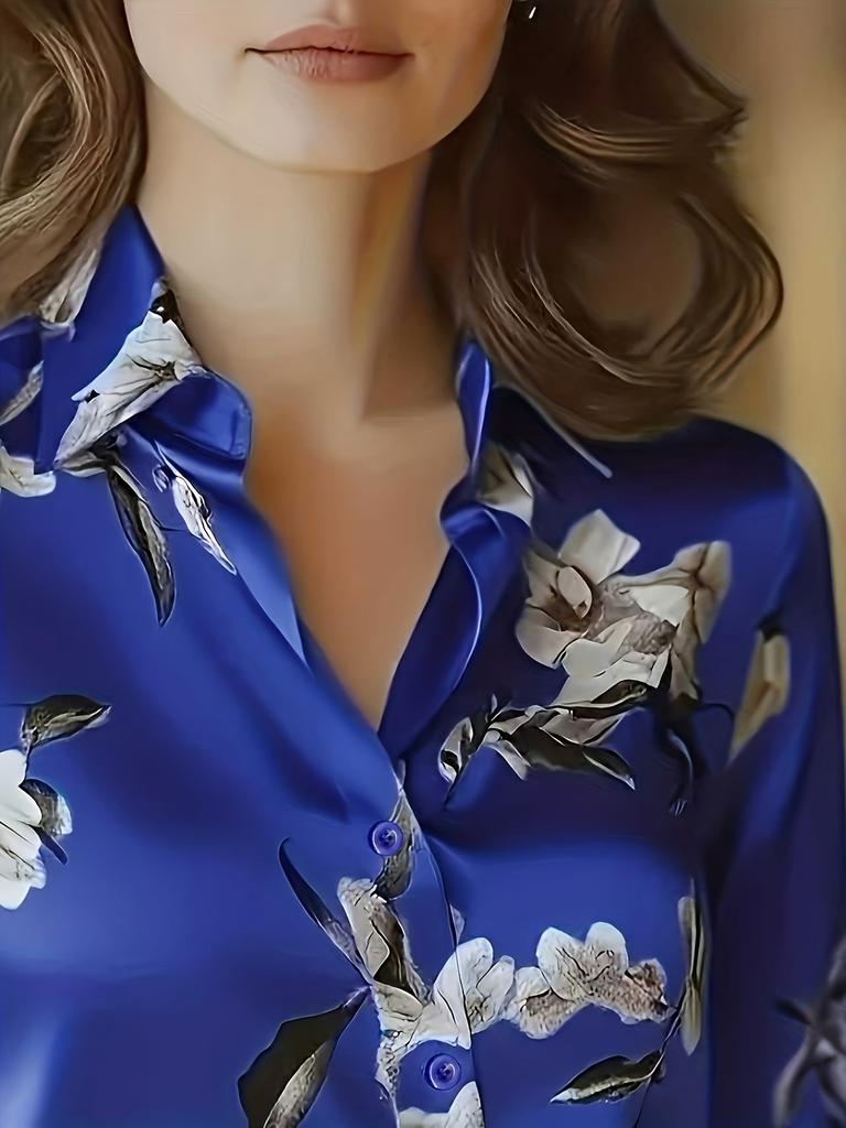 Lady's Elegant Shirt - High-end long-sleeved floral print shirt, suitable for office and formal occasions - Machine washable top
