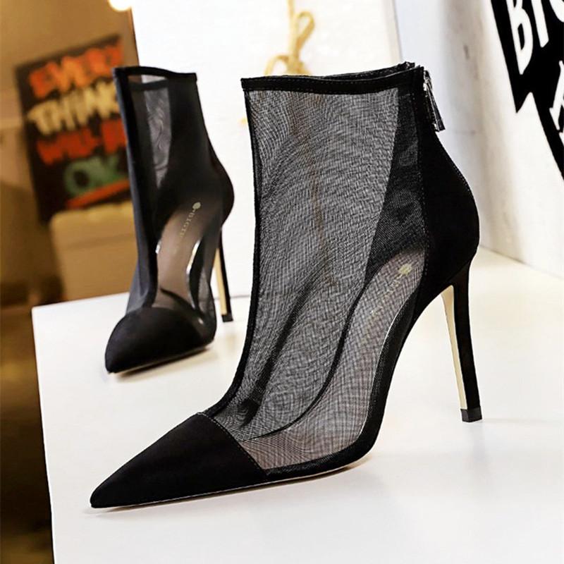 Fashion Mesh Hollow Ankle Boots for Women Pointed Toe Zipper Thin Heel Designer Modern Boots Fashion Sexy Super High Heel Women Shoes
