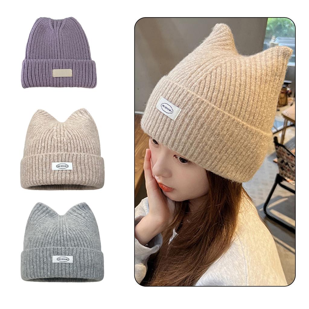 Floppy Cat Ear Beanie for Students Adult Windproof Foldable Winter Hat Thicken Harajuku Beanie with Letter Decals