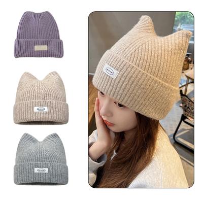 Floppy Cat Ear Beanie for Students Adult Windproof Foldable Winter Hat Thicken Harajuku Beanie with Letter Decals