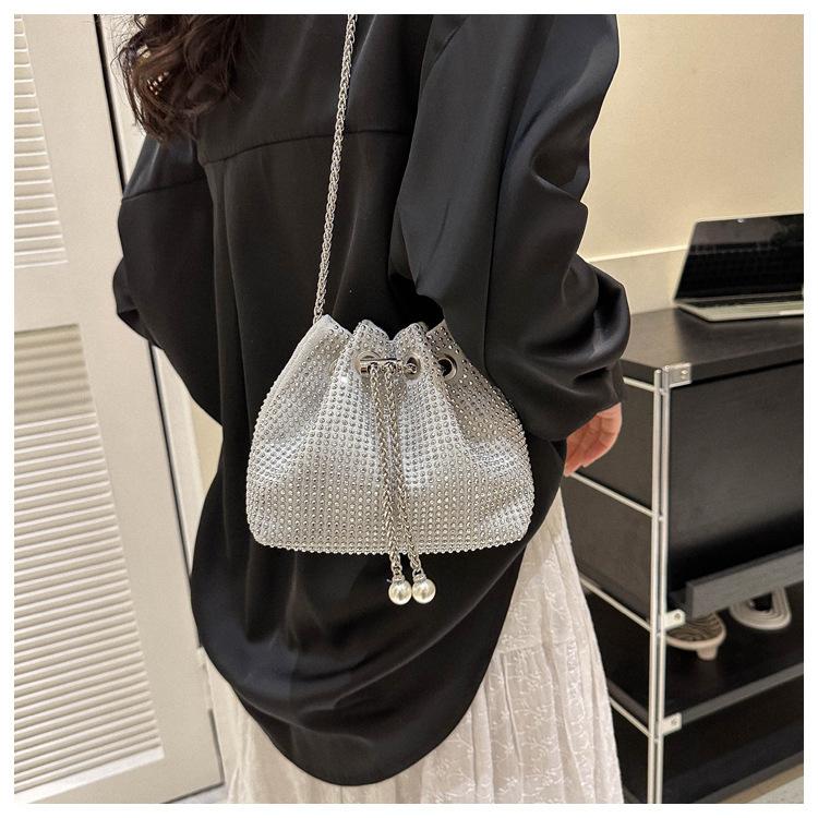 Rhinestone Embellished Drawstring Bucket Bag Women Chain Crossbody Shoulder Bag