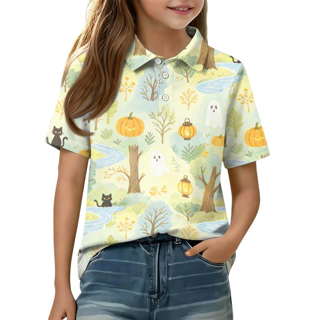 Kids Halloween Print Polo Shirt Short Sleeve Casual Top with Button Collar for Boys and Girls Comfortable Fit Lightweight Fabric