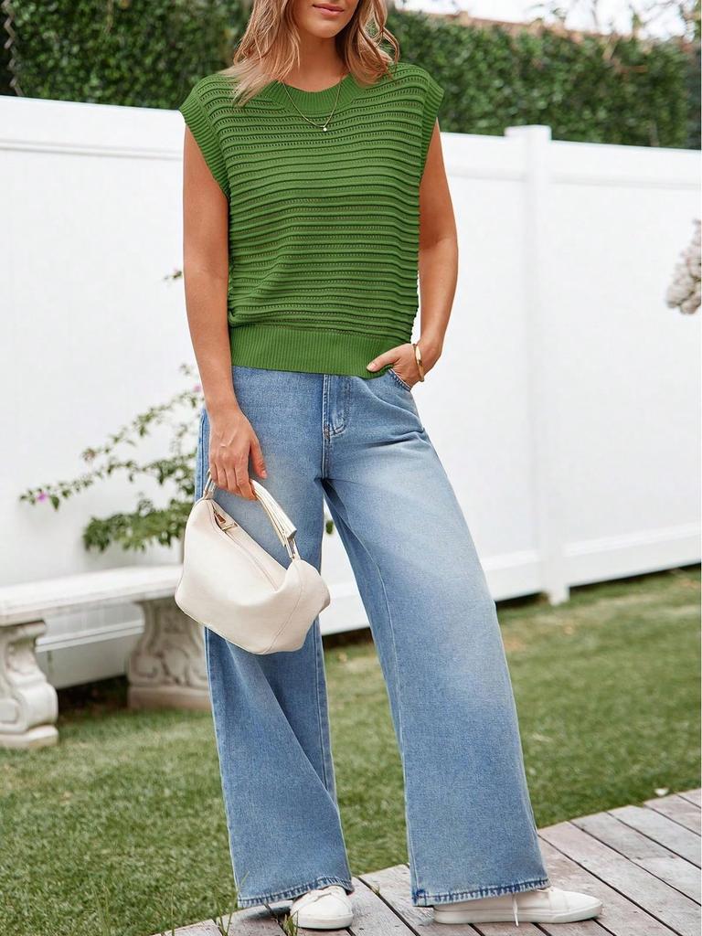 Women's Cap Sleeve Knit Sweater Vest Crew Neck Ribbed Summer Pullover Tank Top