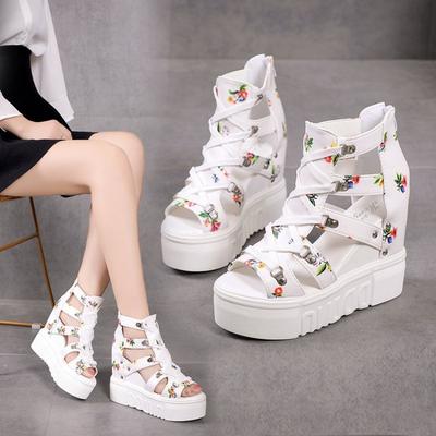 High Heel Women Sandals Thick Platform Wedge Heel Student Style Hollow Out Peep Toe Invisible Heightening Roman Sandals